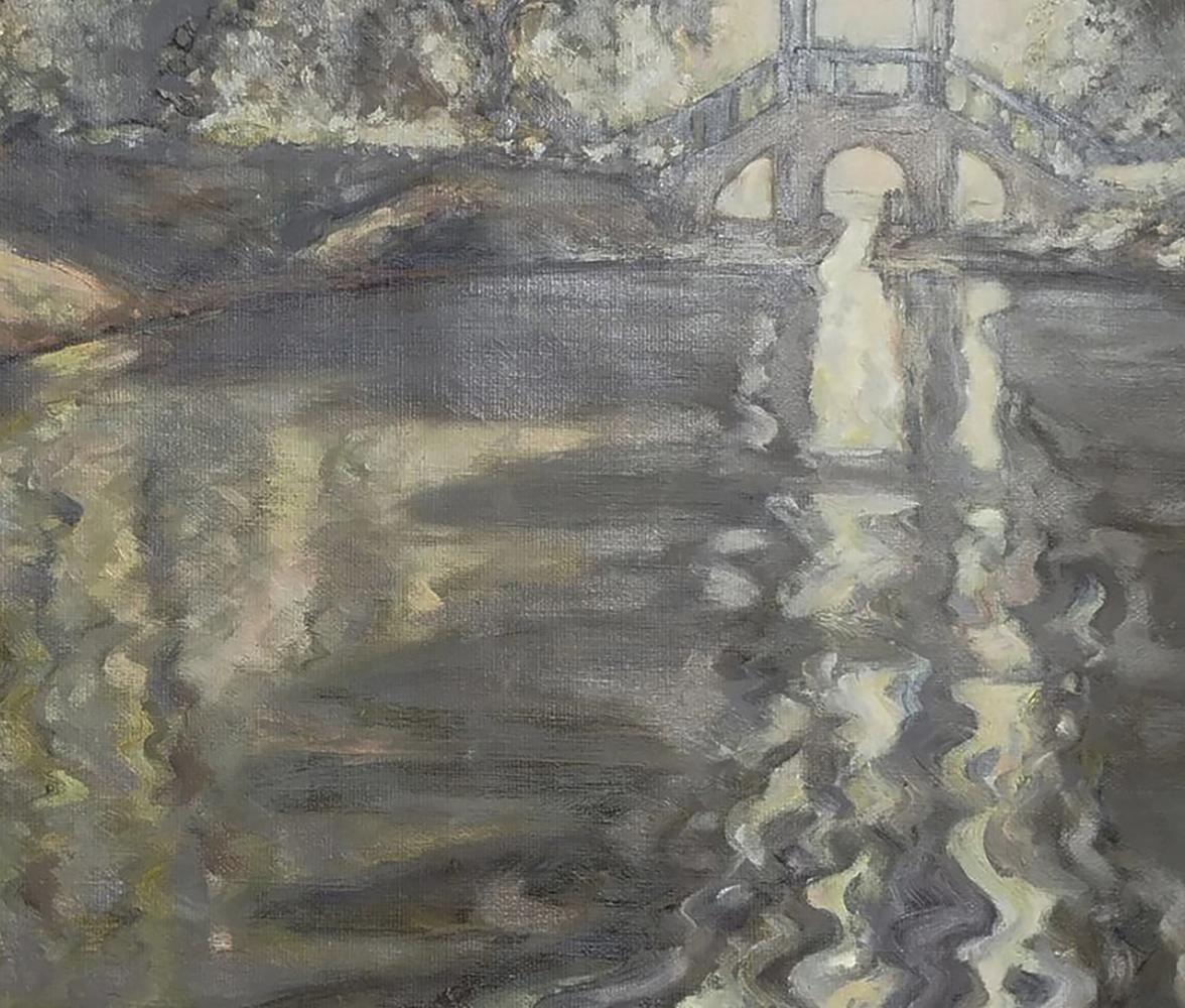 Oil painting of Chinese bridge by Leonid Pavlenko, gray-beige arches over rippling water