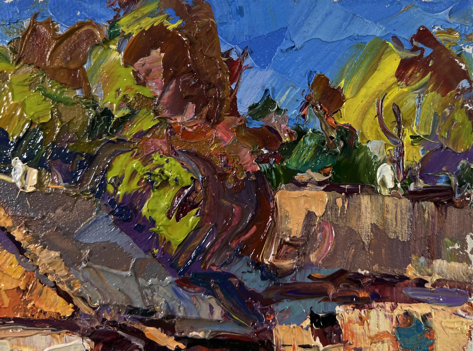 Vibrant impressionist oil painting of village under summer sky by Oksana Ivanyuk