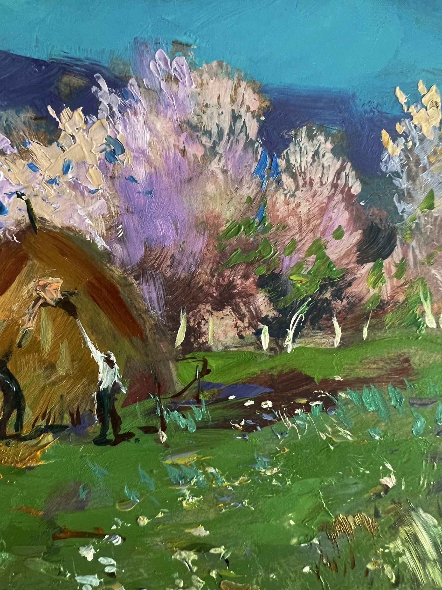 Vibrant impressionist oil painting of thatched hut in green fields by Yuriy Suprunchuk