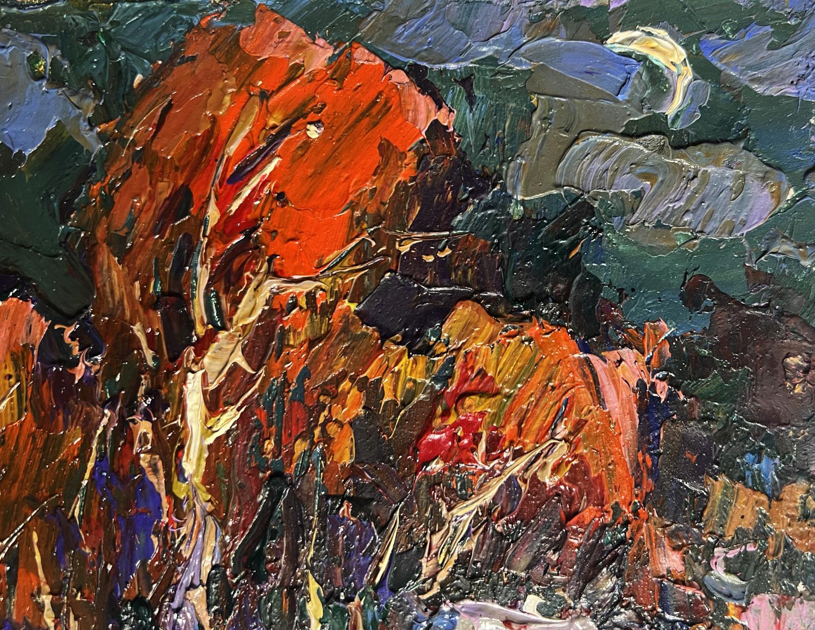Oil painting Moon in sky over village by Oksana Ivanyuk vibrant orange red strokes on greens