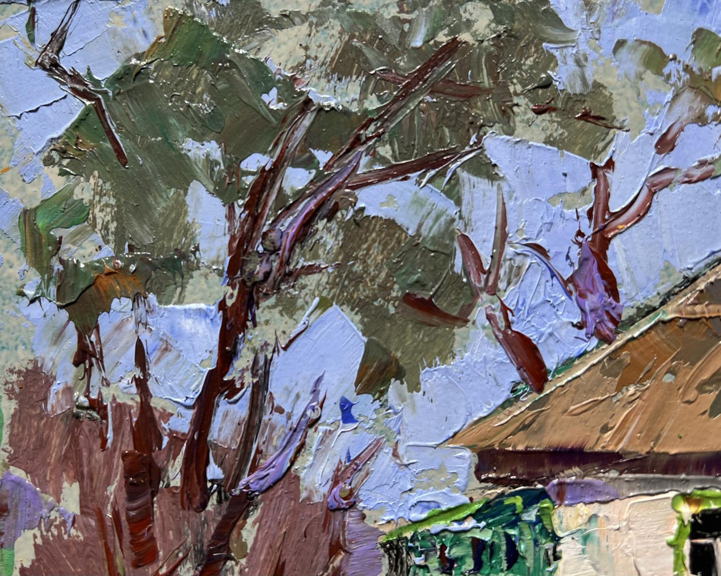 Oil painting of Grandma on bench by Oleksiy Ivanyuk, textured green foliage