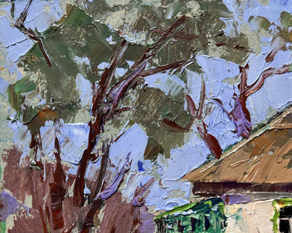 Oil painting of Grandma on bench by Oleksiy Ivanyuk, textured green foliage