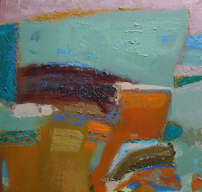 Abstract oil painting by Tatyana Shulyak with teal orange brown blue geometry