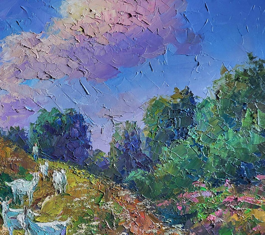 Vibrant impressionist oil painting by Boris Serdyuk: purple skies, green hills, white goats