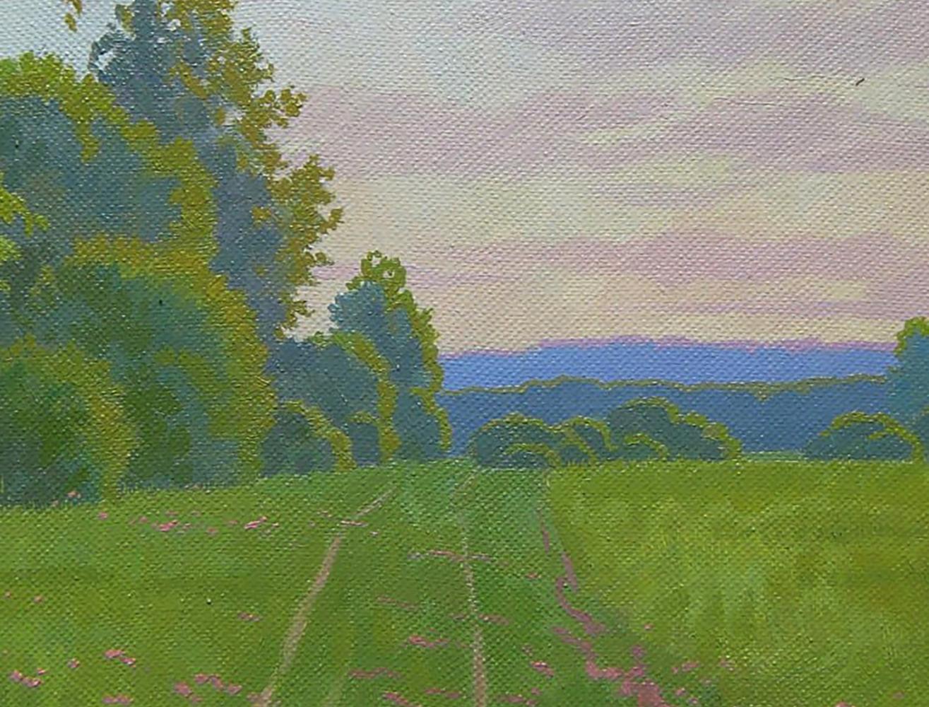 Oil painting Morning summer field by Valery Savenets: green field with pink flowers