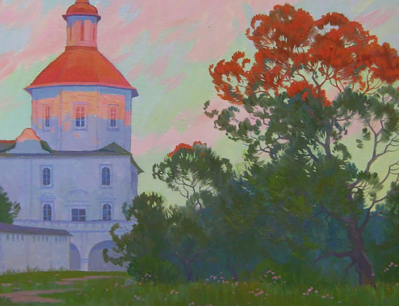 Oil painting Evening melody of bells by Valery Savenets: pastel castle with red dome