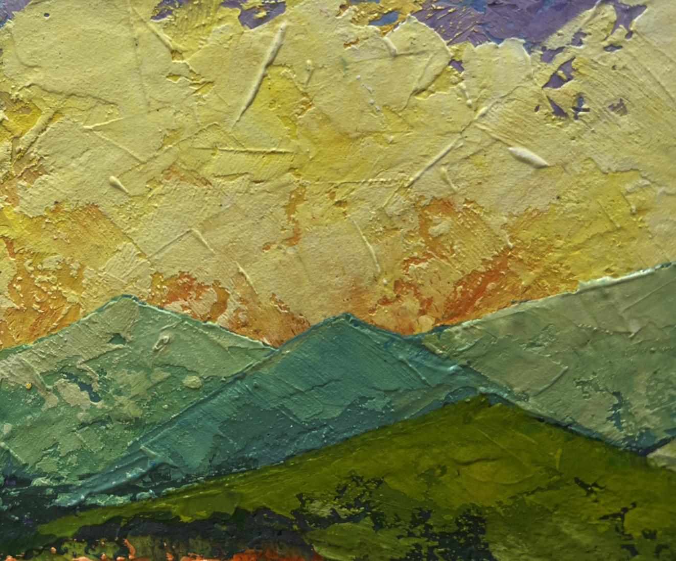 Oil painting of sunset behind forest mountains by V. Zadorozhnya