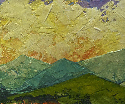 Oil painting of sunset behind forest mountains by V. Zadorozhnya