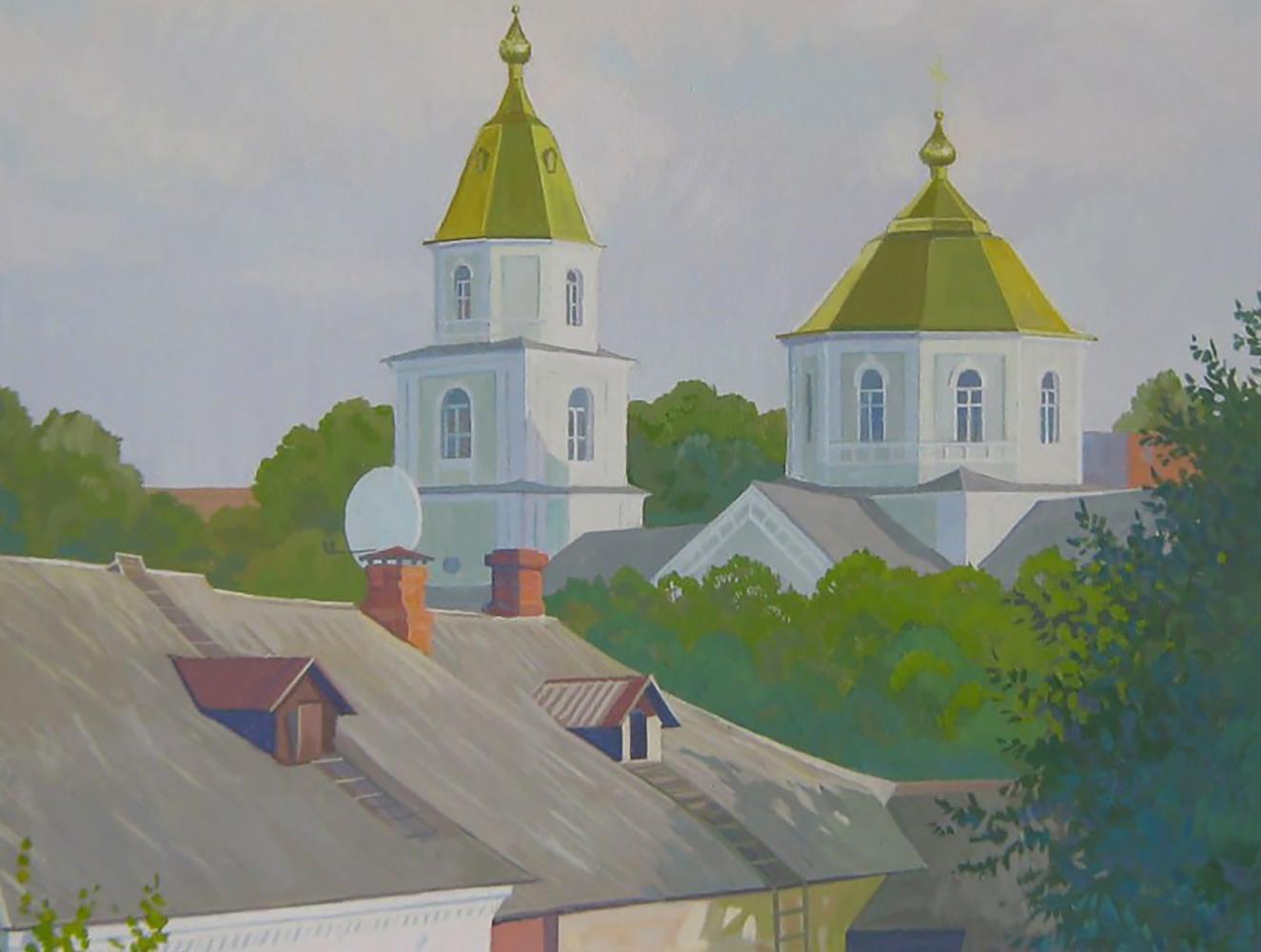 Acrylic painting of two white church towers with golden domes by Valery Savenets