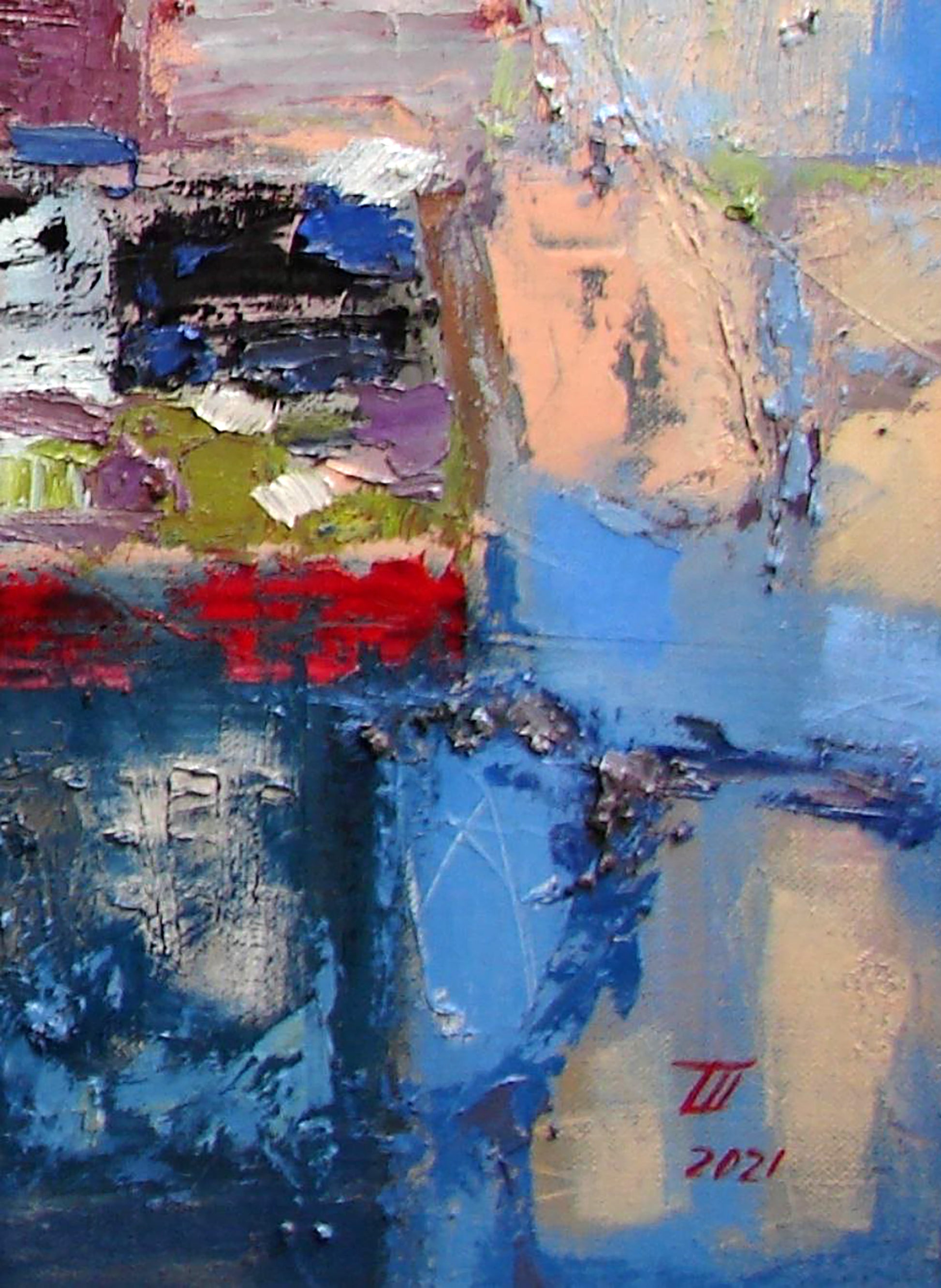Oil painting Winter landscape by Tatyana Shulyak, abstract expressionist textured blues reds