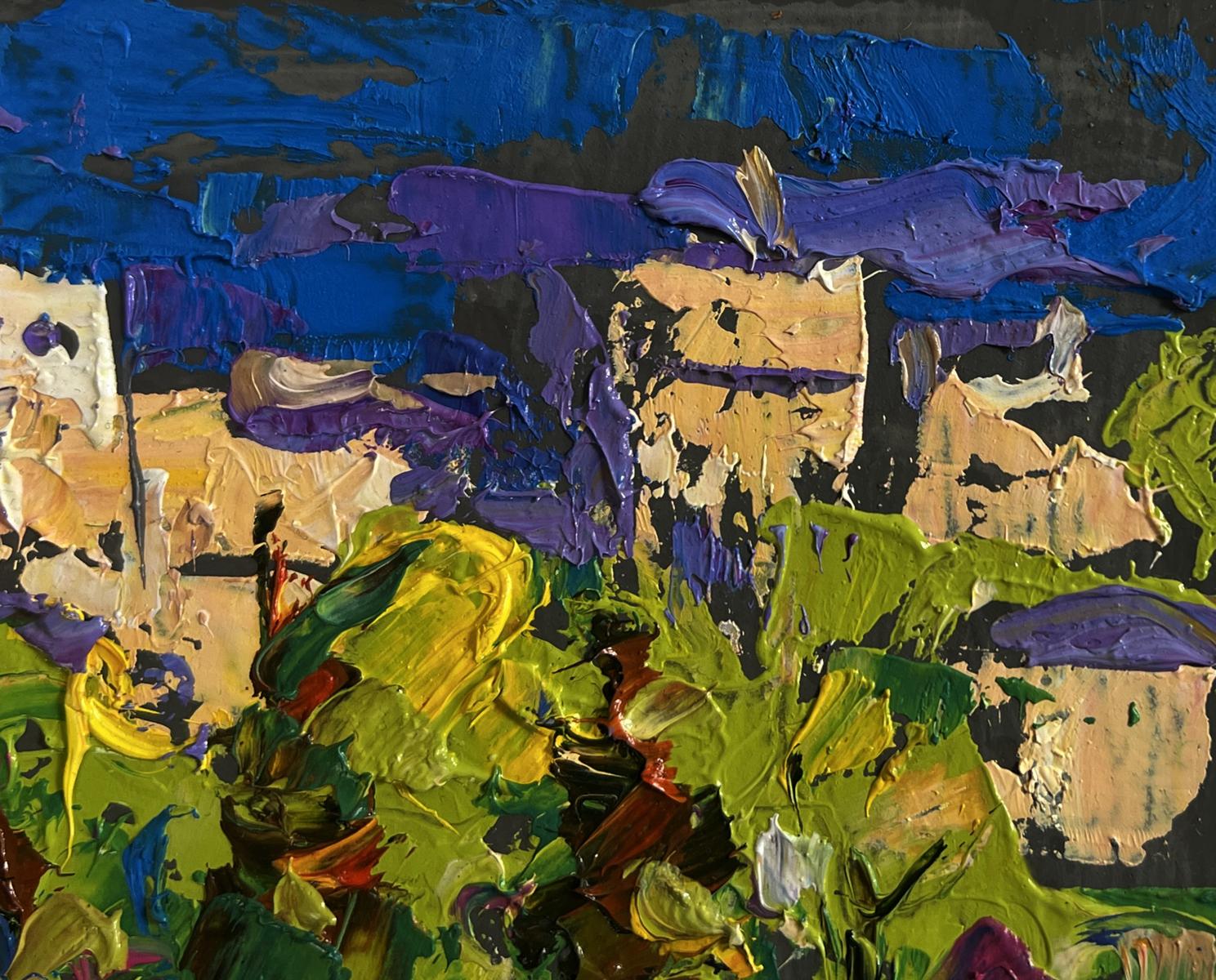 Vibrant Oleksiy Ivanyuk oil painting On the outskirts of the city with textured blue purple green yellow brushstrokes