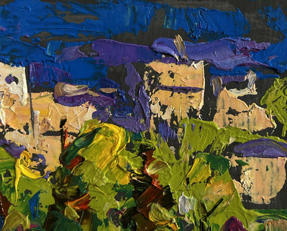 Vibrant Oleksiy Ivanyuk oil painting On the outskirts of the city with textured blue purple green yellow brushstrokes