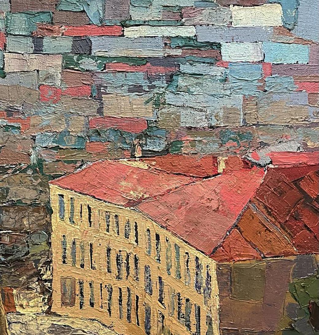 Oil painting City alley by Serhiy Kovalev: red roof building