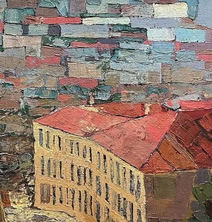 Oil painting City alley by Serhiy Kovalev: red roof building