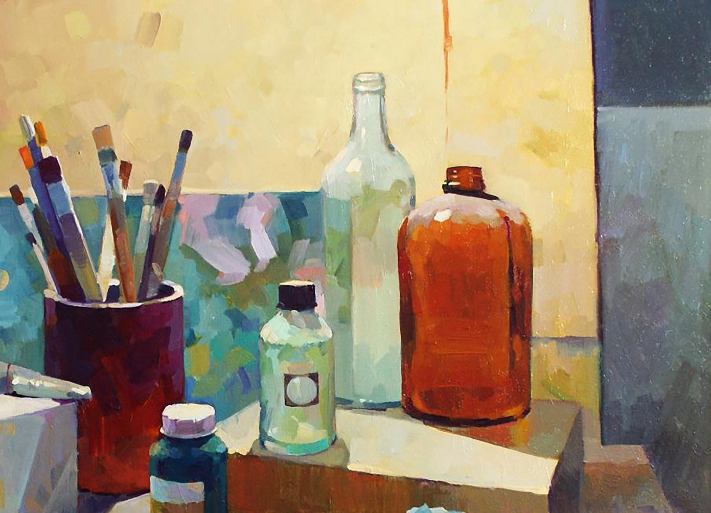 Oil painting still life with paints brushes by Anastasia Yaroshevich