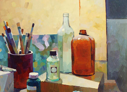 Oil painting still life with paints brushes by Anastasia Yaroshevich