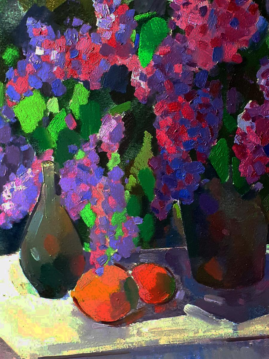 Vibrant purple pink lilac blooms in glossy vases by Pavel Dobrev oil painting