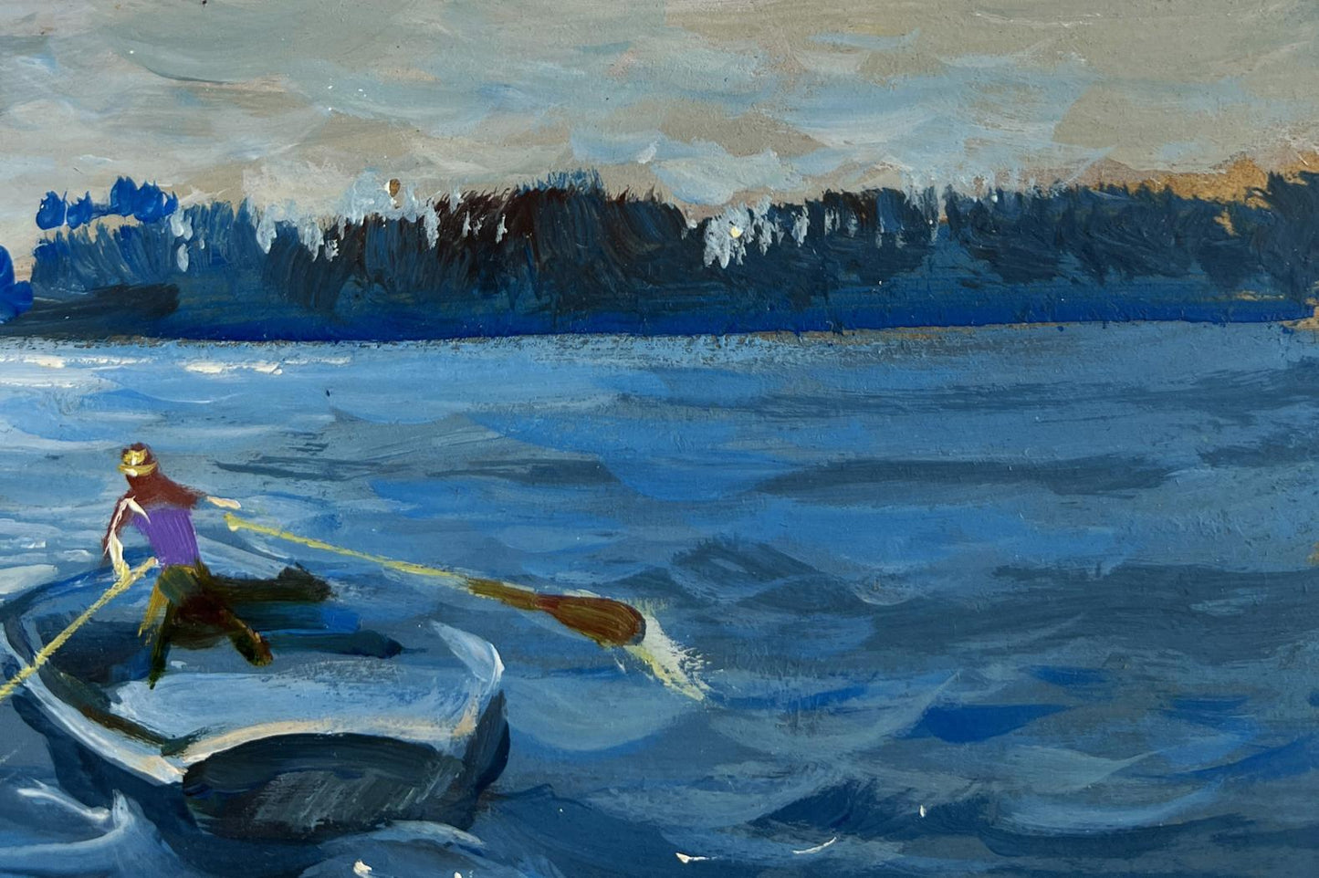 Oil painting In the evening in a boat by Yuriy Suprunchuk: rowboat on turbulent waves