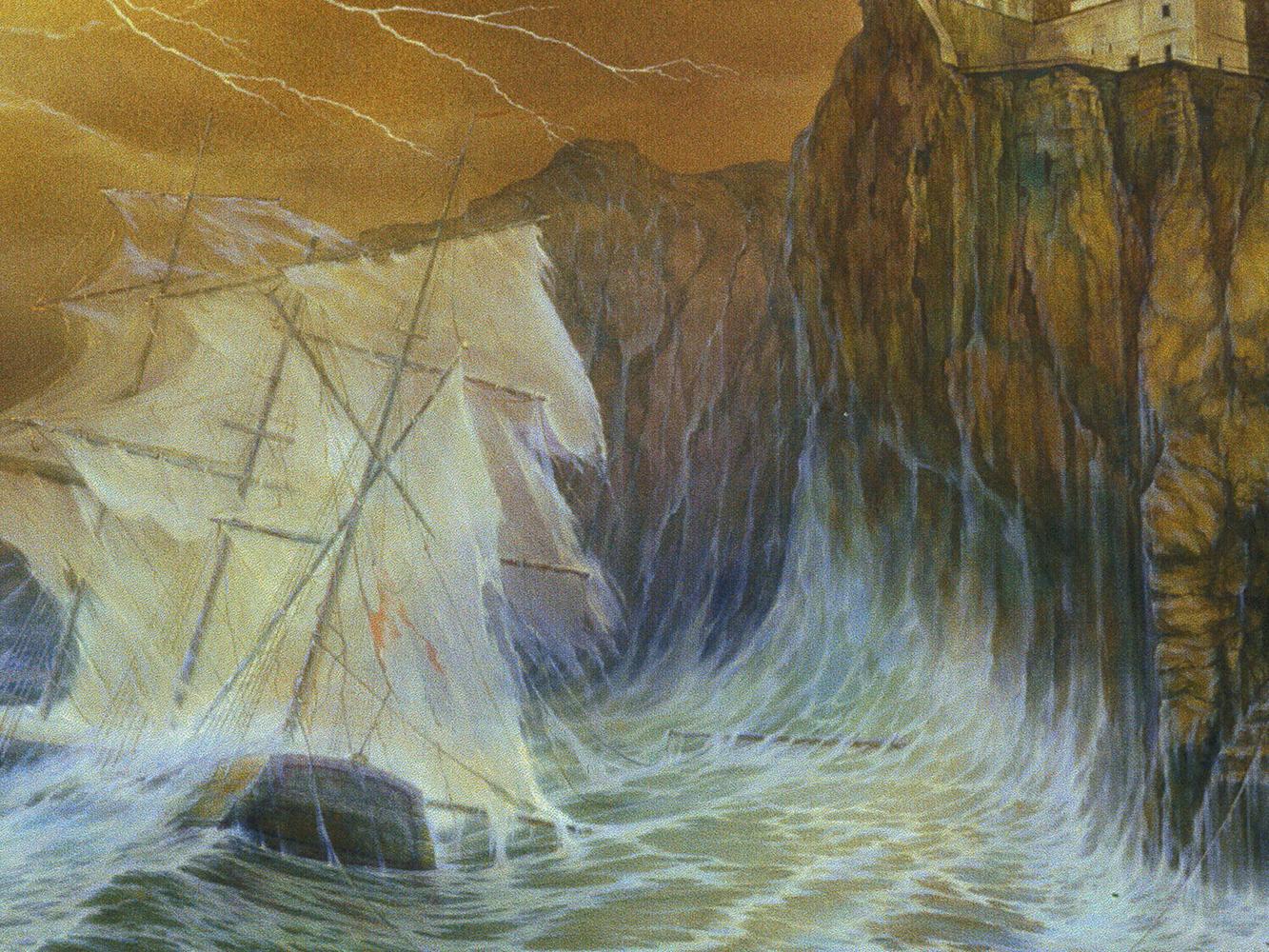 Oil painting by Vasily Korkishko of ship battling stormy sea by cliff