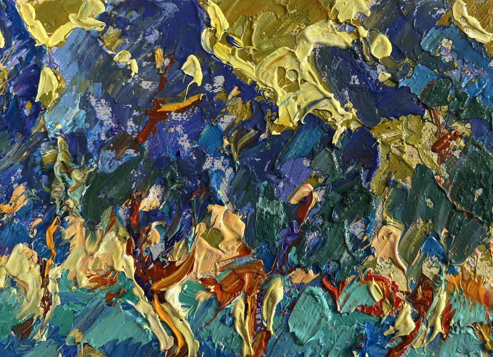 Oil painting Light evening breeze by Oleksiy Ivanyuk, vibrant blue gold teal abstract
