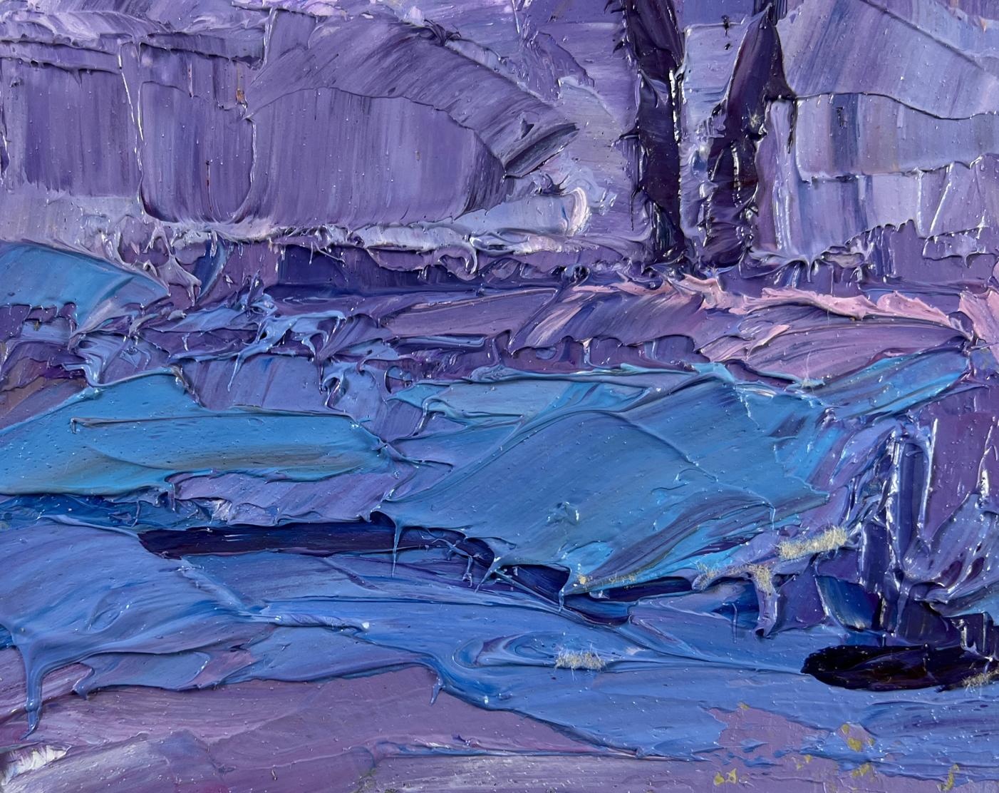 Oil painting Winter weaves snowy silence by Boris Serdyuk in purples and blues