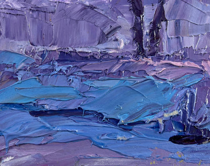 Oil painting Winter weaves snowy silence by Boris Serdyuk in purples and blues