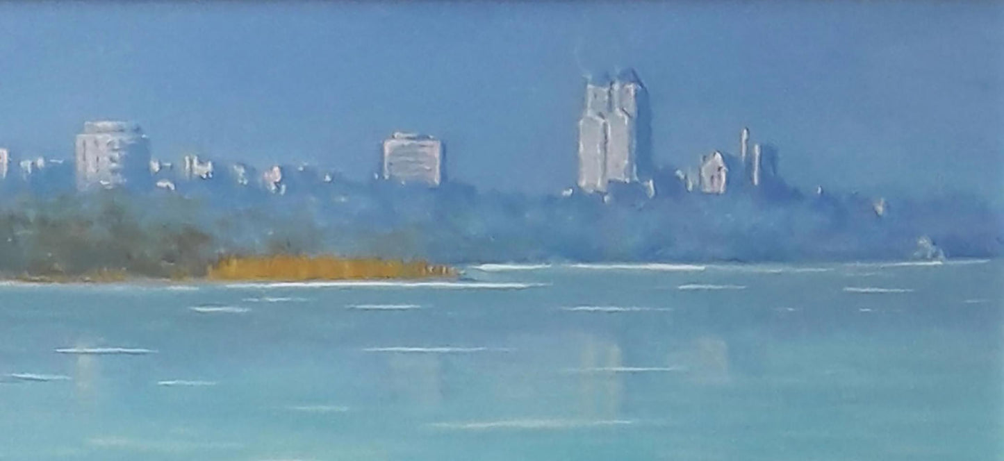 Oil painting by Vasily Korkishko of city skyline with twin towers over turquoise water
