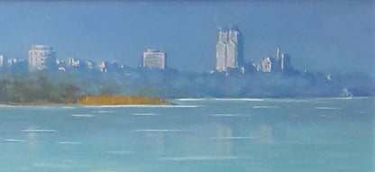 Oil painting by Vasily Korkishko of city skyline with twin towers over turquoise water