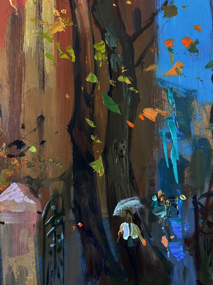 Oil painting by Yuriy Suprunchuk: melancholic autumn rainy street with umbrellas