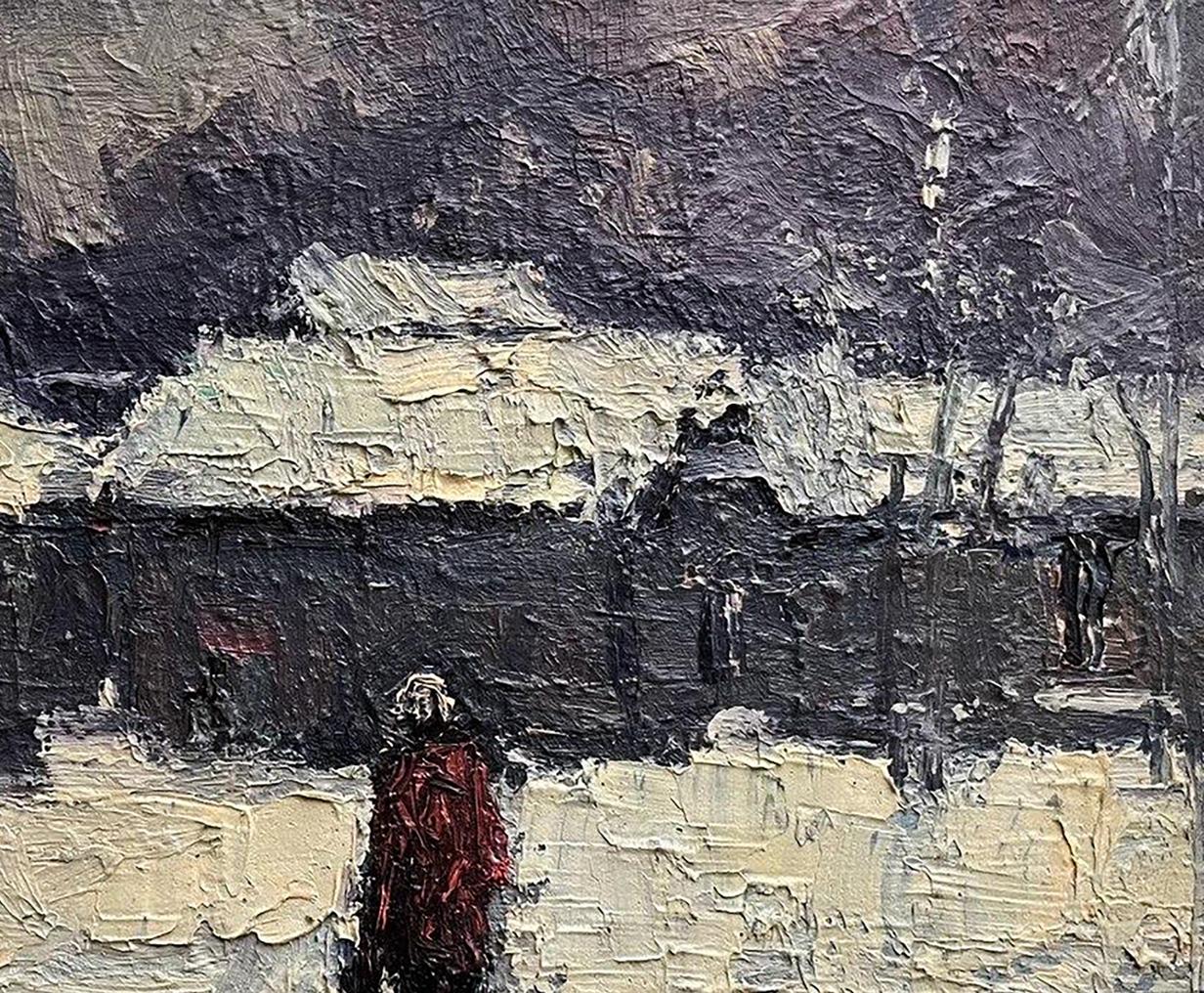 Oil painting Returning Home by Volodymyr Pashchenko, solitary figure in red coat