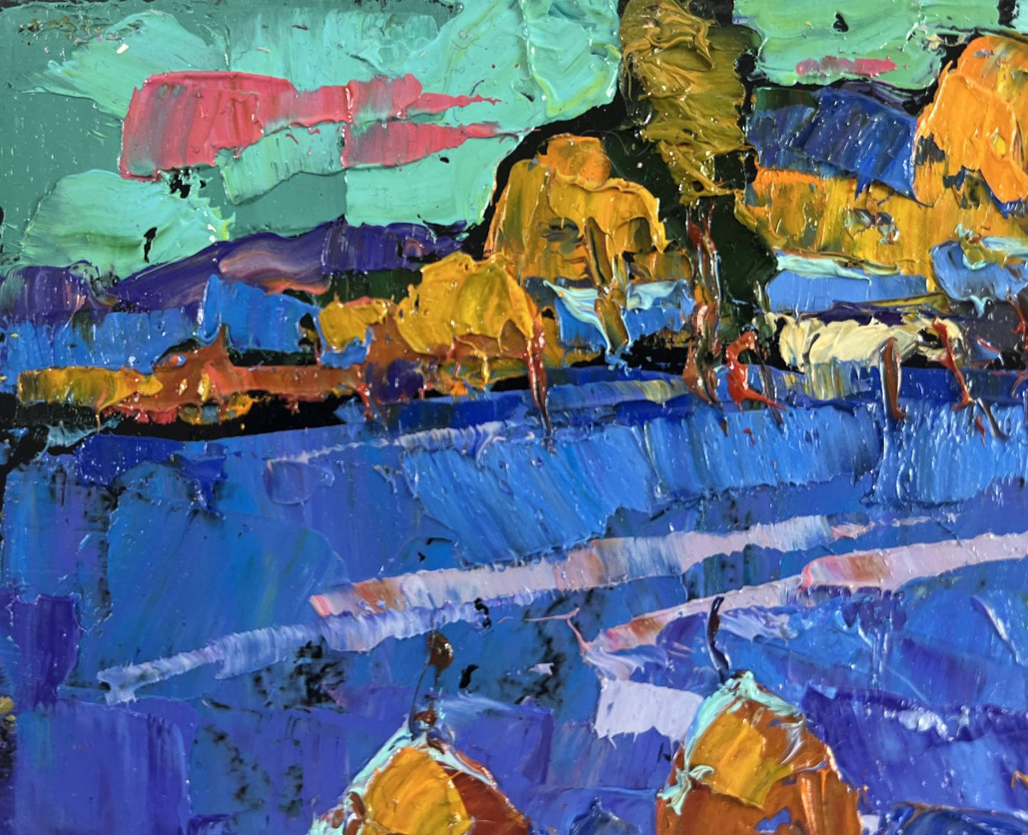 Vibrant impressionist oil painting Frosty stars in evening sky by Oksana Ivanyuk
