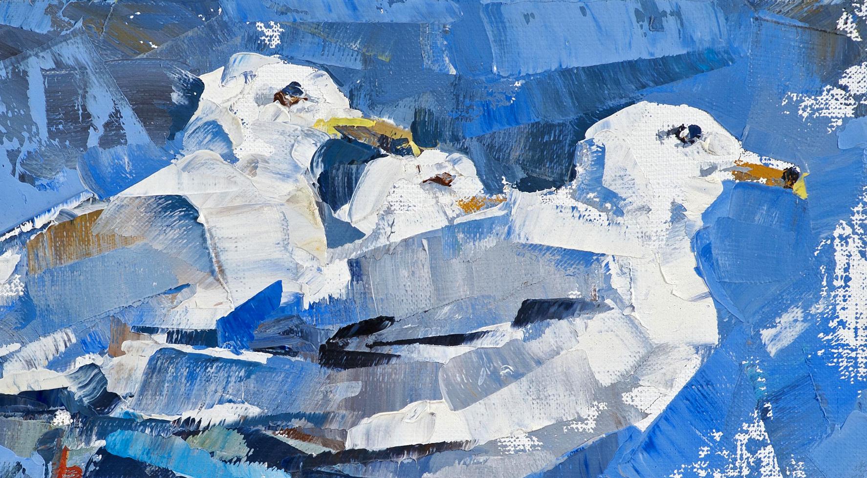 Oil painting Three Little Birds by Volodymyr Gluhomanyuk with seagulls