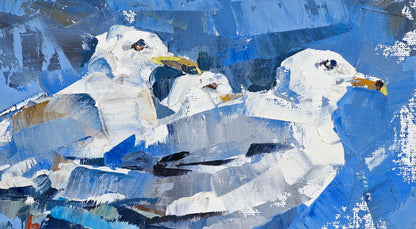 Oil painting Three Little Birds by Volodymyr Gluhomanyuk with seagulls