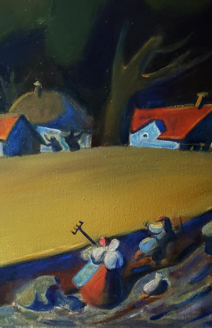 Oil painting Faina Ukraine by Daniil Litvinov: stylized village with bold brushstrokes