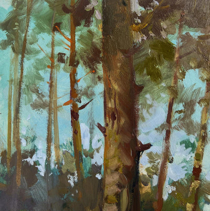 Textured impressionistic oil painting of pine trees by river, Yuriy Suprunchuk