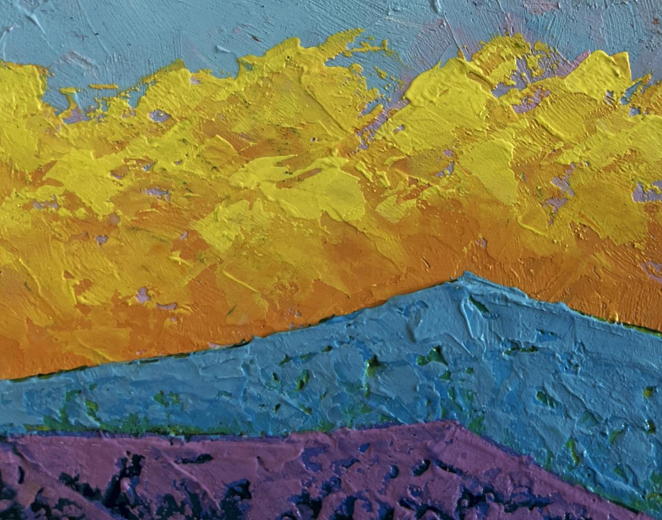 Oil painting Sunset in the mountains by V. Zadorozhnya vibrant yellow orange gradients blue peaks