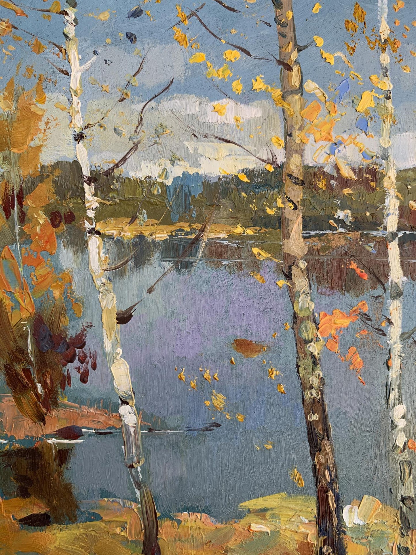 Oil painting View through the birches by Yuriy Suprunchuk: autumnal trees by lake