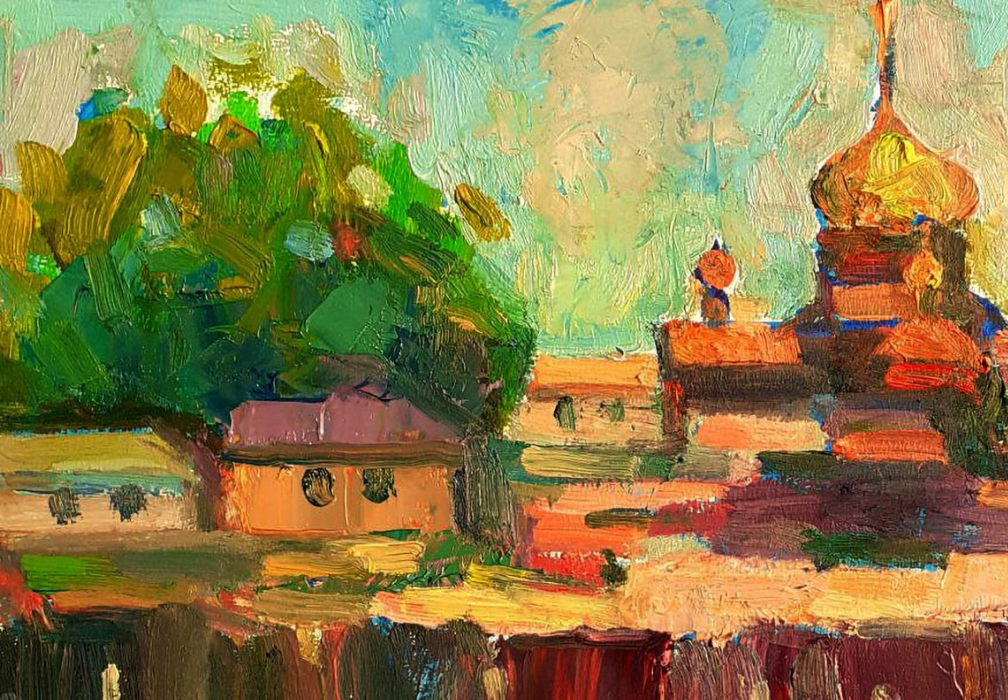 Vibrant impressionist oil painting of golden-domed church by Pavel Dobrev