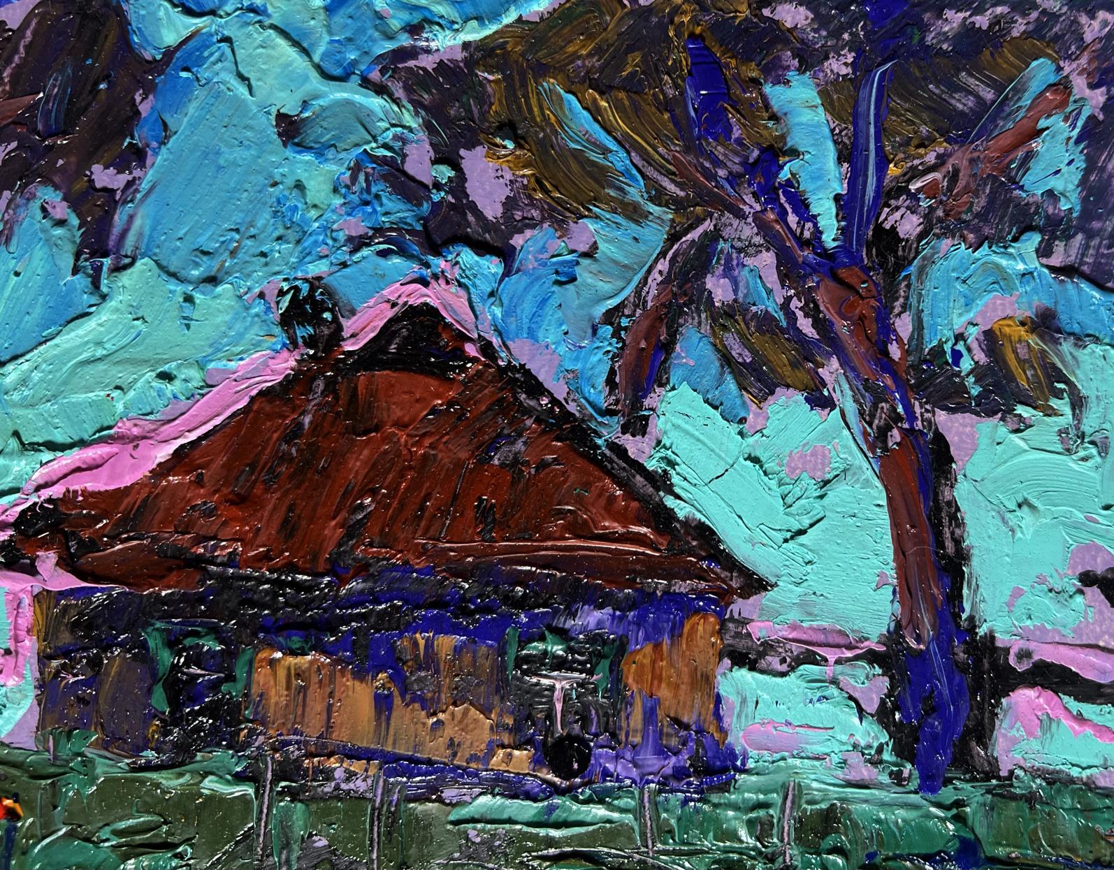 Oil painting of geese flock by Oleksiy Ivanyuk with red-roofed house