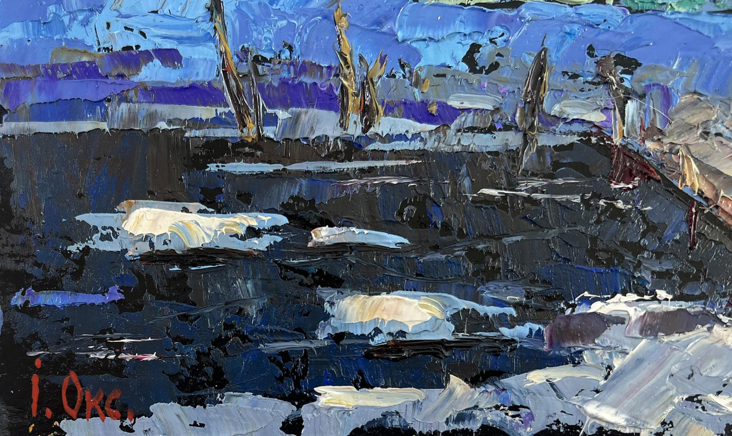 Oil painting The evening light of the native house by Oksana Ivanyuk with bold blue purple white brushstrokes