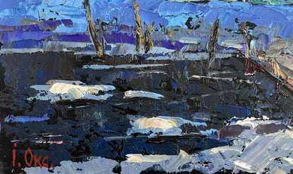 Oil painting The evening light of the native house by Oksana Ivanyuk with bold blue purple white brushstrokes