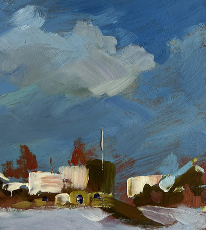 Oil painting Winter path leading home by Yuriy Suprunchuk with blue sky