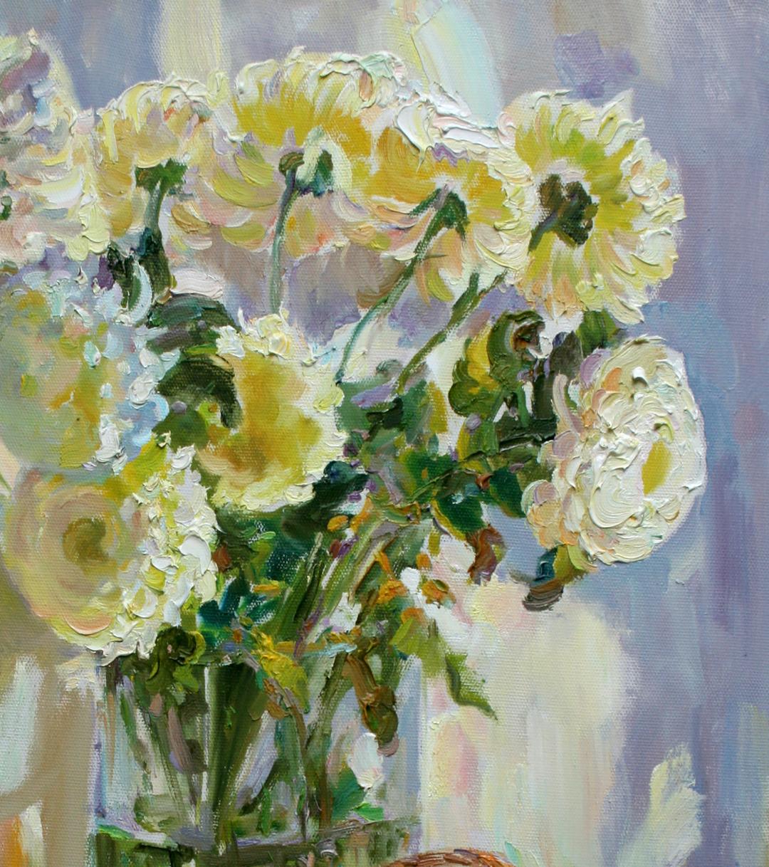 Oil painting Autumn sun by Leonid Pavlenko: vibrant yellow white bouquet