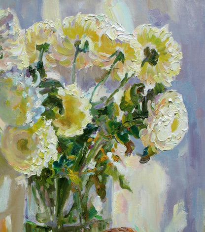 Oil painting Autumn sun by Leonid Pavlenko: vibrant yellow white bouquet
