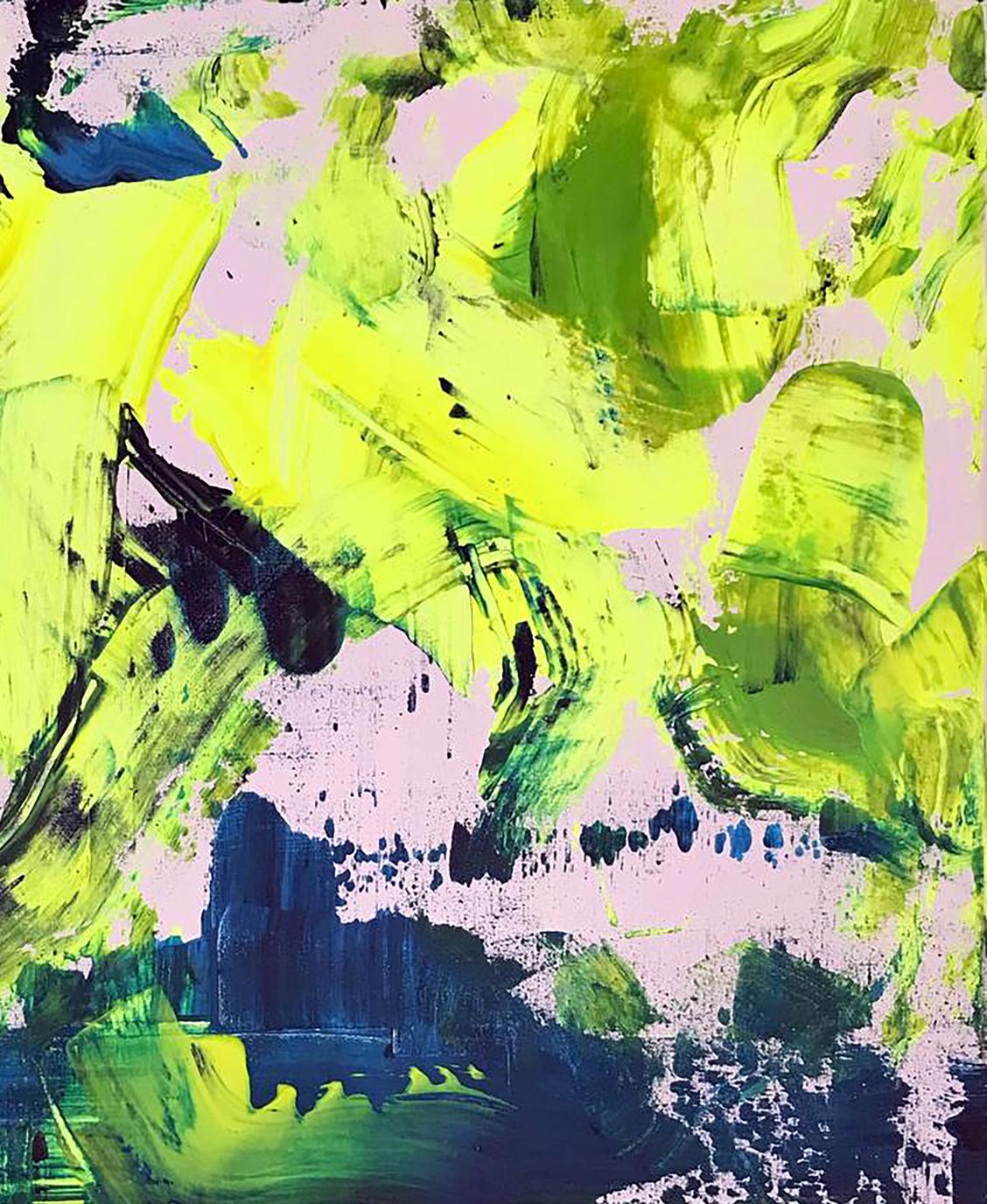 Vibrant Orgasmic Life acrylic painting by Olga Melezhik, neon strokes on pink