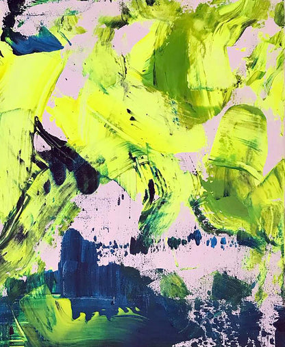 Vibrant Orgasmic Life acrylic painting by Olga Melezhik, neon strokes on pink