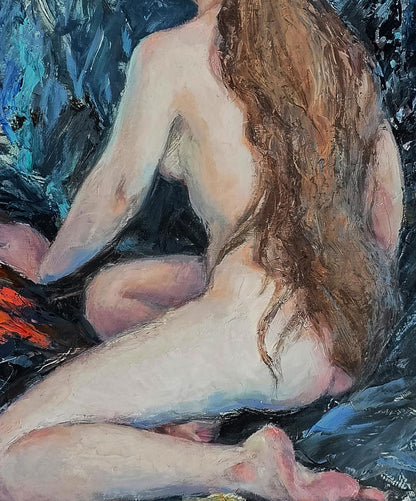 Oil painting portrait of female figure with long brown hair on towel by Oksana Osnach