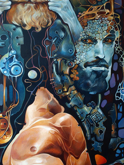 Surreal half-human half-machine man portrait, Oil painting Kurukshetra Konsta G. Amelinn