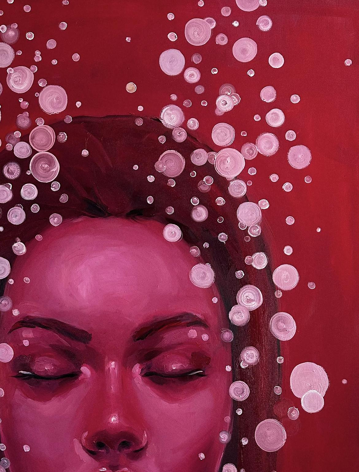 Oil painting Gravitation by Victoria Kagalovska: serene womans face in red with bubbles