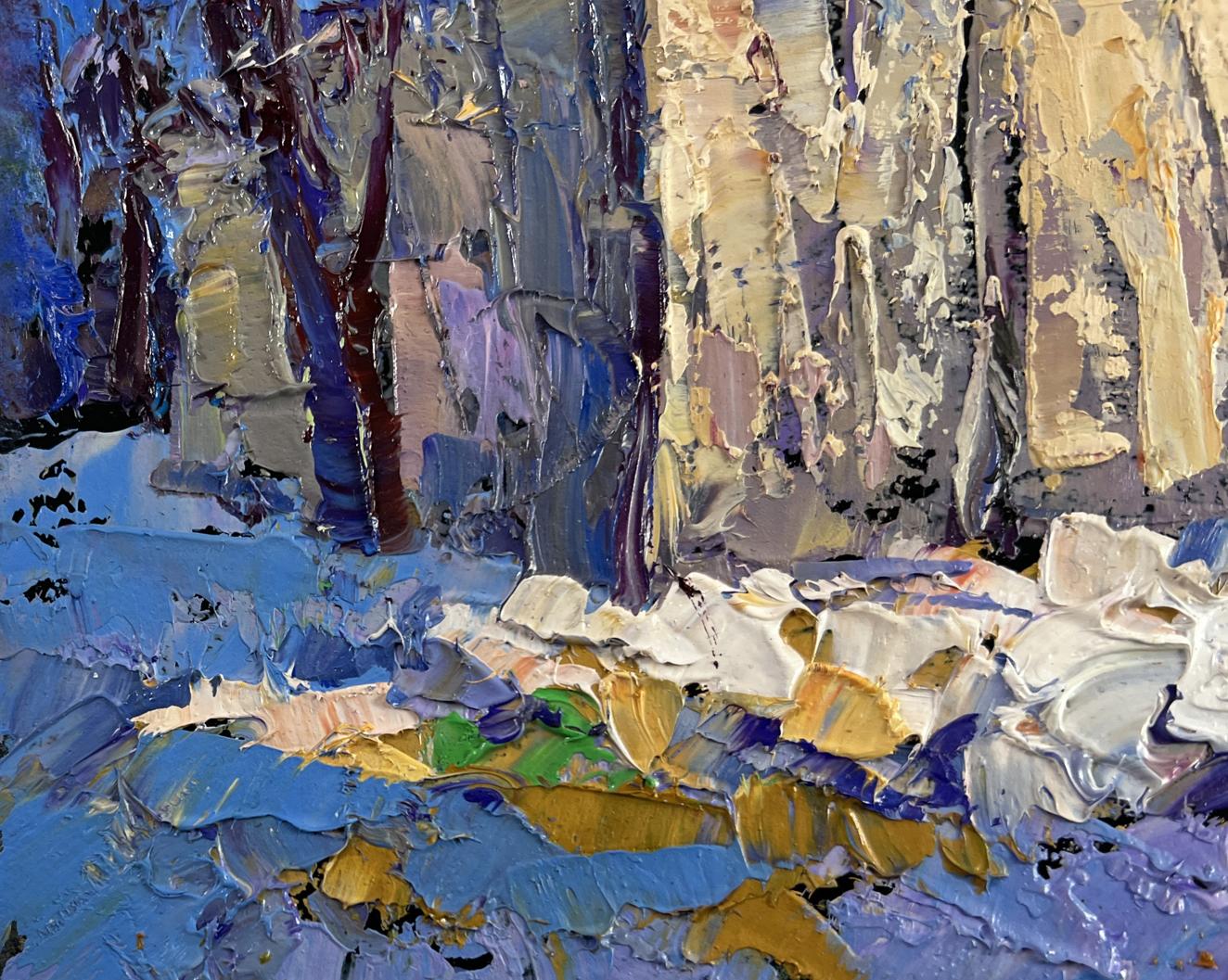 Impressionistic oil painting by Oleksiy Ivanyuk of birch trees in blues, whites, golds